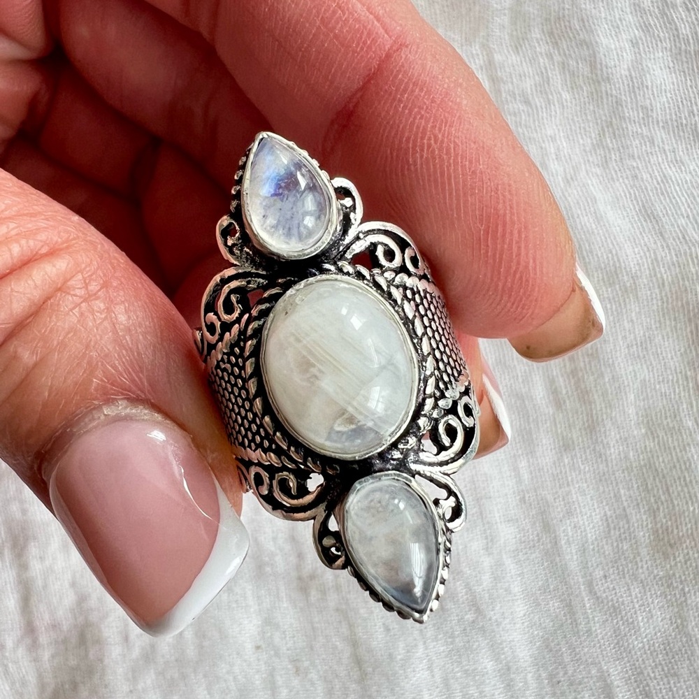 925 OMG! Gorgeous! Triple Rainbow Flash Moonstone Ring 6 7 8 9 10 - Picture 5 of 11